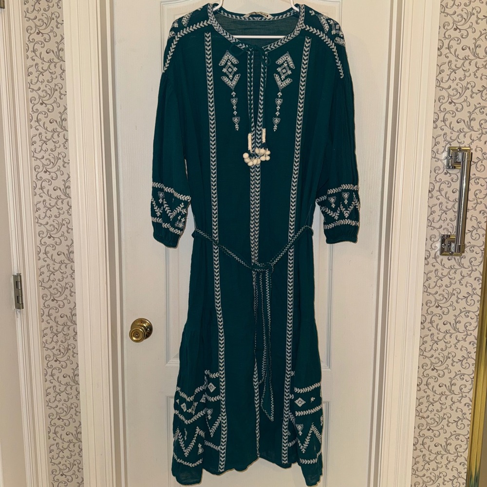 Zara Boho Embroidered Tassel Midi Dress Teal Green White Size M